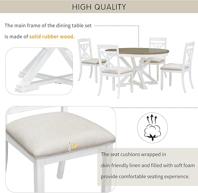 Merax 5-Piece Retro Functional Dining Set Extendable Round Table and 4 Upholstered Chairs, White - LeafyLoom