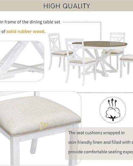 Retro Style 5 Piece Set with Extendable Round Table and 4 Upholstered Chairs, Full Assembly Required and Easy Clean, for Dining Room, Kitchen, Brown+Antique White - LeafyLoom