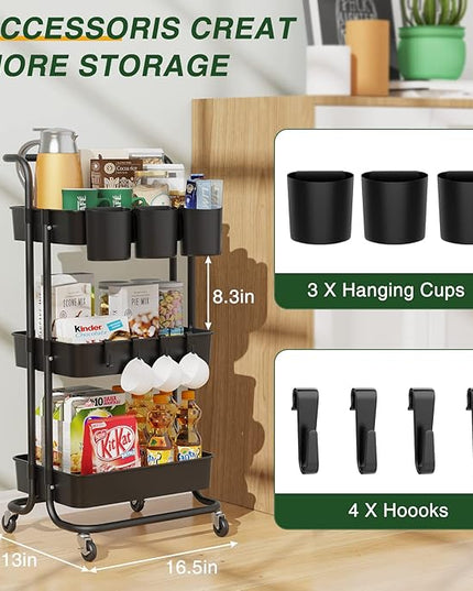 LEHOM 3-Tier Rolling Mobile Utility Cart with Hanging Cups & Hooks & Handle Multifunctional Organizer Storage Trolley Service Cart with Wheels Easy Assembly for Office, Bathroom, Kitchen (Black) - LeafyLoom