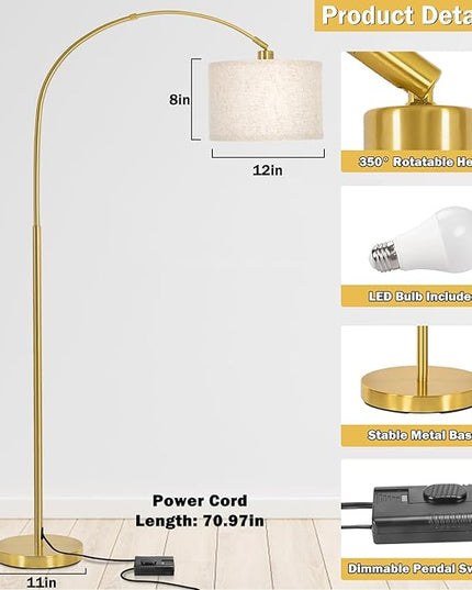 Gold Arc Floor Lamp, Dimmable Floor Lamp for Living Room, Mordern Standing Lamp with Adjustable Lamp Head, Tall Pole Lamp Over Couch Arched Light for Reading, Bedroom, Office, 9W LED Bulb Included - LeafyLoom