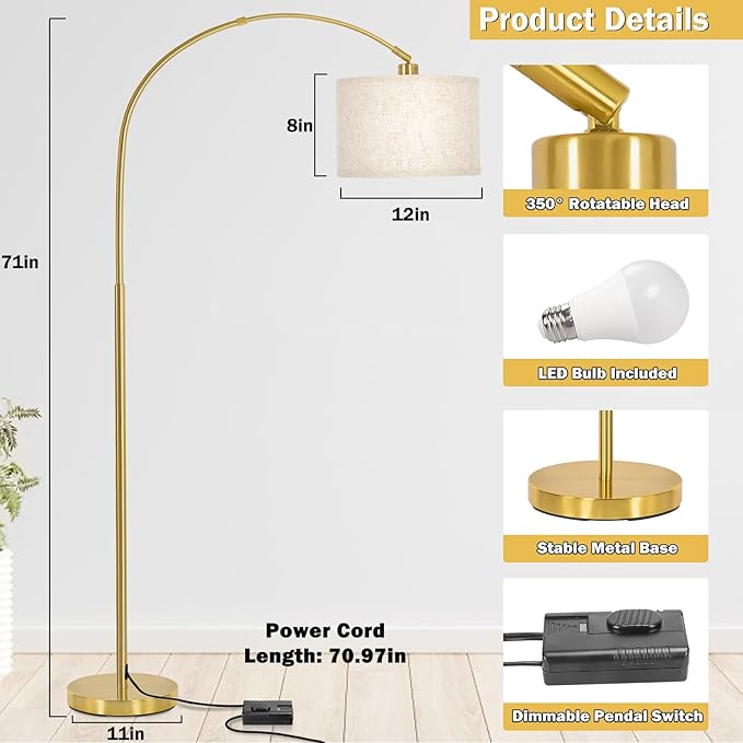 Gold Arc Floor Lamp, Dimmable Floor Lamp for Living Room, Mordern Standing Lamp with Adjustable Lamp Head, Tall Pole Lamp Over Couch Arched Light for Reading, Bedroom, Office, 9W LED Bulb Included - LeafyLoom