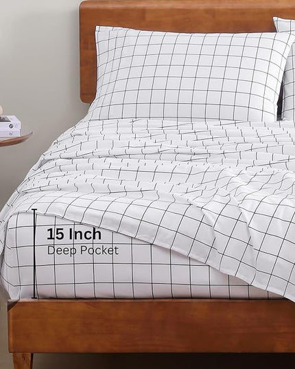 LANE LINEN 100% Organic Cotton Sheets Queen, 4-Piece Bed Sheets Queen Size Cotton, Luxury Sheets, Percale Weave,Breathable Bed Sheets Queen Size Deep Pockets Fits Upto 15" - Windowpane - LeafyLoom