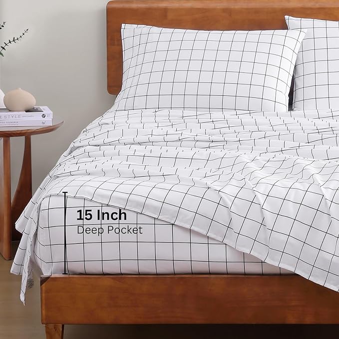 LANE LINEN 100% Organic Cotton Sheets Queen, 4-Piece Bed Sheets Queen Size Cotton, Luxury Sheets, Percale Weave,Breathable Bed Sheets Queen Size Deep Pockets Fits Upto 15" - Windowpane - LeafyLoom