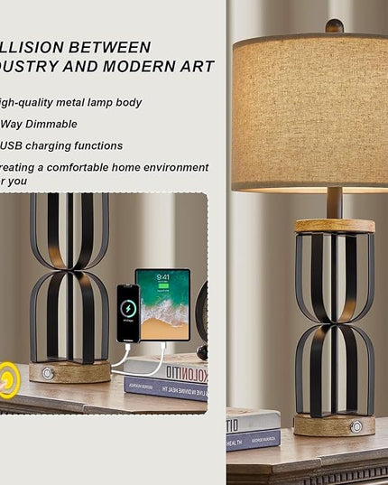 25" Industrial Dual USB Charging Ports 3-Way Dimmable Touch Control Table Lamp Nightstand Lamp Vintage Modern Bedside Lamps for Living Room Bedroom Hotel - LeafyLoom