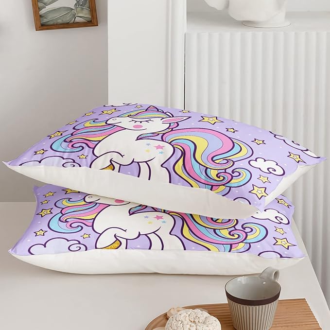 Axolotl Rainbow Unicorn Bedding Set Twin,Purple Unicorn Kids Comforter Sets with Stars Cloud for Girls,1 Quilt with 2 Pillowcases for Girls Kids Teens Children Adults Bedroom Decor All Season - LeafyLoom