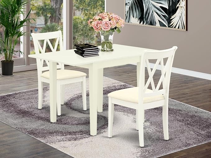 East West Furniture NDCL3-LWH-C Norden 3 Piece Room Set Contains a Rectangle Kitchen Table with Dropleaf and 2 Fabric Upholstered Dining Chairs, 30x48 Inch, Linen White - LeafyLoom