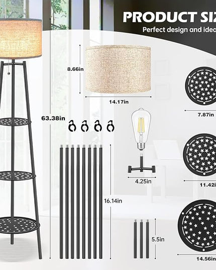 2 PCS Black Floor Lamp with Shelves for Living Room， Standing Lamp，Tall Lamp， Amparas Elegantes para Sala with Linen Shade，Modern Floor Lamp for Living Room，Bedroom or Office（Black Floor Lamp） - LeafyLoom