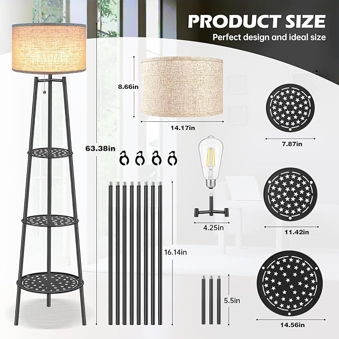 2 PCS Black Floor Lamp with Shelves for Living Room， Standing Lamp，Tall Lamp， Amparas Elegantes para Sala with Linen Shade，Modern Floor Lamp for Living Room，Bedroom or Office（Black Floor Lamp） - LeafyLoom