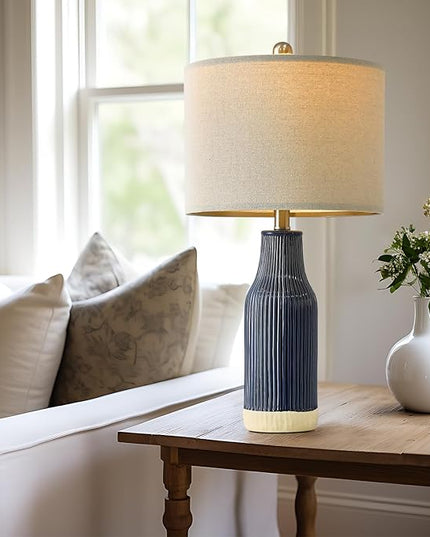 23.75" Modern Blue Ceramic Table Lamp Set of 2 for Living Room, Farmhouse Bedside Nightstand Lamp for Bedroom Home Office Dorm - LeafyLoom