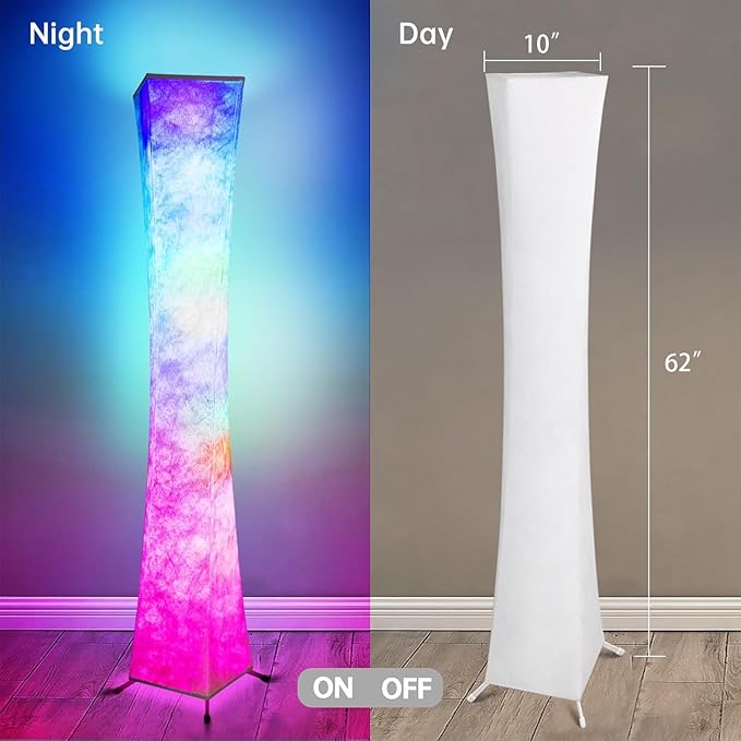 WORLD WIN Floor Lamp, Smart Led Lamp RGB Color Changing with APP & Remote Control, DIY Mode, Music Sync Standing Modern Corner Lamp for Living Room Bedroom Game (Square, 62 inch) - LeafyLoom