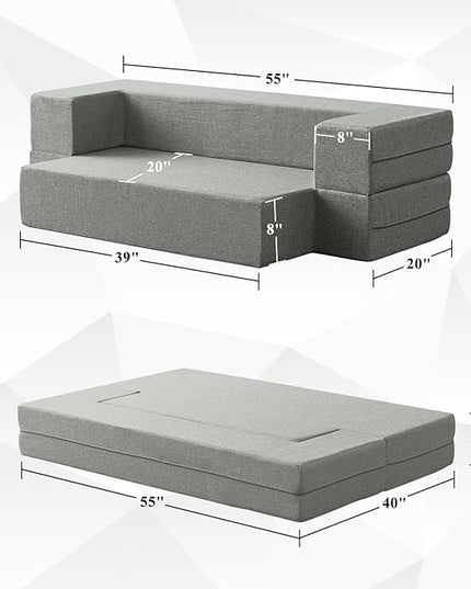 Convertible Folding Sofa - Modern Linen Fabric Coffee Table, Foldable Floor & Futon Couch, Space-Saving Chair with Pillow for Living Room/Dorm/Guest Room/Home Office/Apartment,Twin,Pale Gray - LeafyLoom