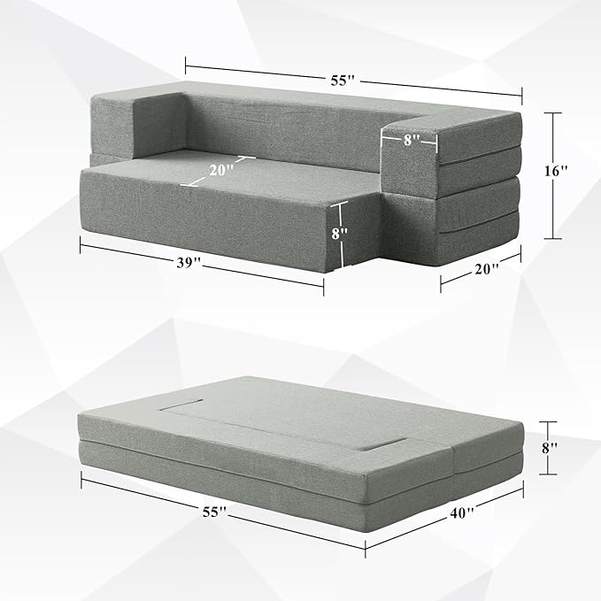Convertible Folding Sofa - Modern Linen Fabric Coffee Table, Foldable Floor & Futon Couch, Space-Saving Chair with Pillow for Living Room/Dorm/Guest Room/Home Office/Apartment,Twin,Pale Gray - LeafyLoom