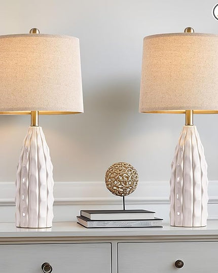 23.75" Modern White Ceramic Lamps Set of 2 for Living Room Study Room Office Dorm Farmhouse Nightstand, End Table Lamps - LeafyLoom