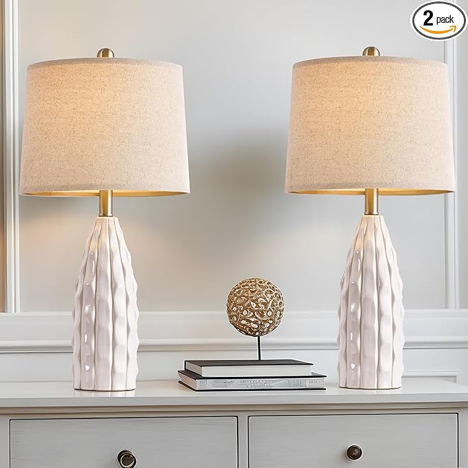 23.75" Modern White Ceramic Lamps Set of 2 for Living Room Study Room Office Dorm Farmhouse Nightstand, End Table Lamps - LeafyLoom