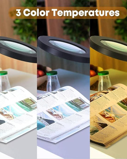 8X Magnifying Glass LED Light with Clamp, 12W Dimmable Magnifier Desk Lamp with 3 Light Colors 10 Brightness, 6.3″ Real Glass Lens, Adjustable Swivel Arm Magnifier Light for Reading Close Work Craft - LeafyLoom