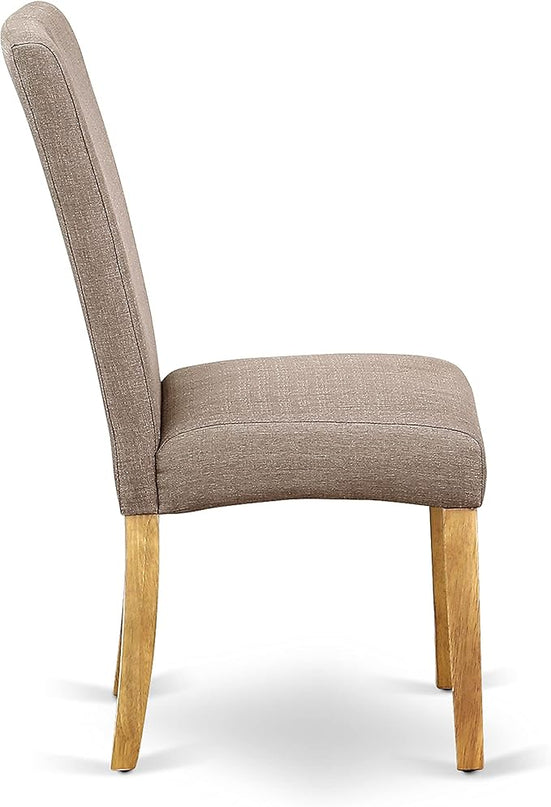 East West Furniture Antique 3 Piece Room Set Contains a Round Kitchen Table with Pedestal and 2 Dark Khaki Linen Fabric Parsons Dining Chairs, 36x36 Inch, Oak - LeafyLoom