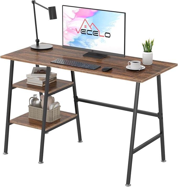 VECELO 43 Inch Home Office Computer Easy to Assemble Simple Table Modern Student Study Desk,Water Proof, Walnut+black leg - LeafyLoom