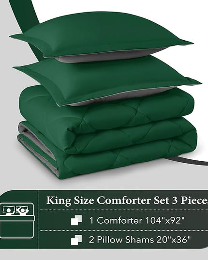 downluxe King Size Comforter Set - Dark Green and Grey King Comforter, Soft Bedding Sets for All Seasons -3 Pieces - 1 Comforter (104"x92") and 2 Pillow Shams(20"x36") - LeafyLoom