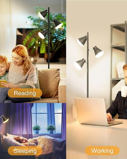 36W Integrated LED Tree Floor Lamp, Rotatable Modern 3 Light Standing Lamp with Foot Switch, Bright Reading Tall Lamp with 3 Color Temperatures, Black Stand up Lamp for Living Room, Bedroom, Office - LeafyLoom