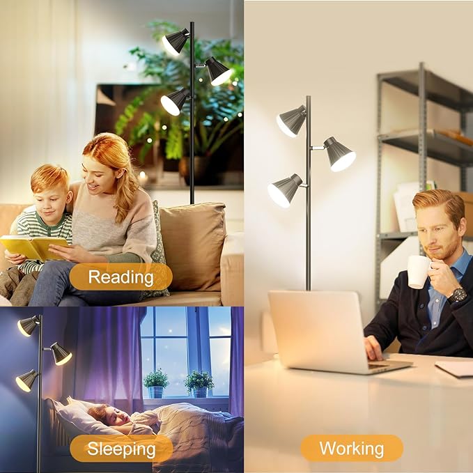 36W Integrated LED Tree Floor Lamp, Rotatable Modern 3 Light Standing Lamp with Foot Switch, Bright Reading Tall Lamp with 3 Color Temperatures, Black Stand up Lamp for Living Room, Bedroom, Office - LeafyLoom
