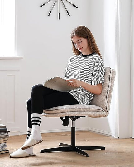 EMIAH Armless Office Desk Chair No Wheels Faux Fur Vanity Mid-Back Ergonomic Home Computer Comfortable Adjustable Swivel Furry Task Chair with Thickened Cushion - LeafyLoom