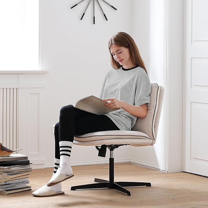 EMIAH Armless Office Desk Chair No Wheels Faux Fur Vanity Mid-Back Ergonomic Home Computer Comfortable Adjustable Swivel Furry Task Chair with Thickened Cushion - LeafyLoom