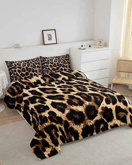 Black Brown Leopard Print Comforter Set Women Cheetah Printed Bedding Set Men Africa Animal Wildlife Duvet Set for Kids Girls Teens Bedroom Decor Luxury Home Hotel Room Soft Comforter Queen Size 3Pcs - LeafyLoom