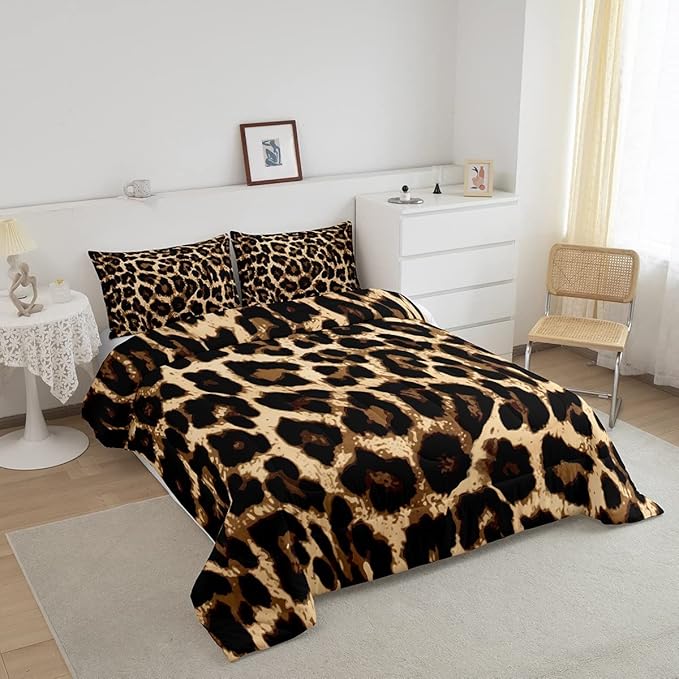 Black Brown Leopard Print Comforter Set Women Cheetah Printed Bedding Set Men Africa Animal Wildlife Duvet Set for Kids Girls Teens Bedroom Decor Luxury Home Hotel Room Soft Comforter Queen Size 3Pcs - LeafyLoom