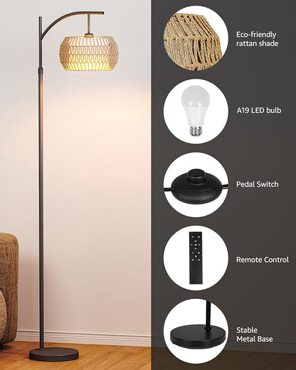 Boho Arc Rattan Floor Lamp with Remote Control - Tall Standing Lamp for Living Room, Mid Century Farmhouse Floor Lamp, Adjustable Height and 360° Rotation for Bedroom, Study Room - LeafyLoom
