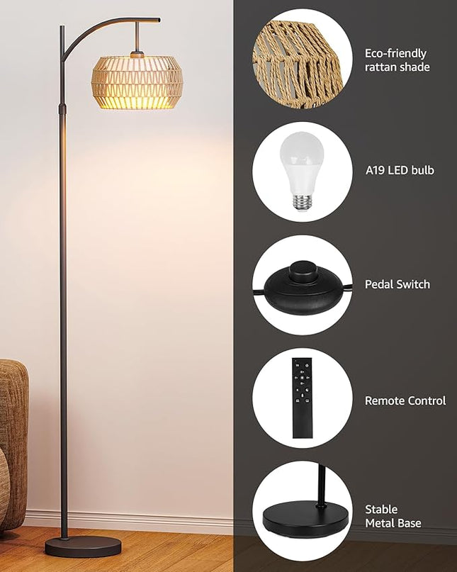 Boho Arc Rattan Floor Lamp with Remote Control - Tall Standing Lamp for Living Room, Mid Century Farmhouse Floor Lamp, Adjustable Height and 360° Rotation for Bedroom, Study Room - LeafyLoom