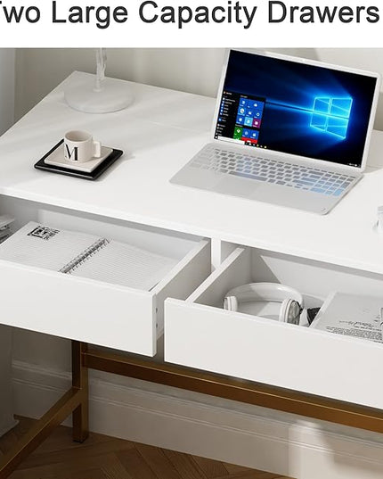 Treocho Computer Desk with USB Charging Ports and Power Outlets, Modern Simple 40 inch Vanity Desk with 2 Drawers, Makeup Table for Home Office, Bedroom, White and Gold - LeafyLoom