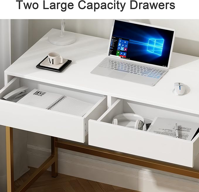 Treocho Computer Desk with USB Charging Ports and Power Outlets, Modern Simple 40 inch Vanity Desk with 2 Drawers, Makeup Table for Home Office, Bedroom, White and Gold - LeafyLoom