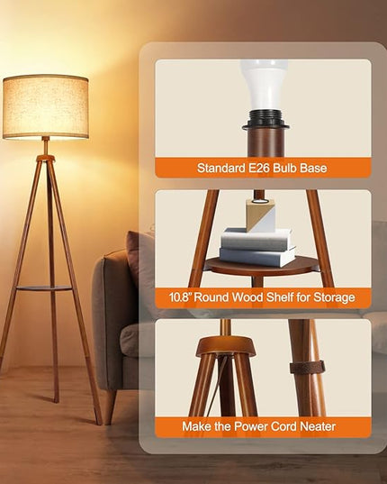OUTON Wood Tripod Floor Lamp with Shelves, Mid Century LED Modern Dimmable Floor Lamp with Remote Control, Sturdy Tall Standing Lamp with Beige Linen Texture Shade for Living Room, Bedroom, Office - LeafyLoom