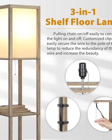 SHINE HAI LED Shelf Floor Lamp, Modern Standing Lamp with 1 USB Port and 1 Type C Port and 1 Power Outlet, 3-Tiered Display Floor Lamps with Shelves for Living Room, Bedroom and Office - Wood - LeafyLoom