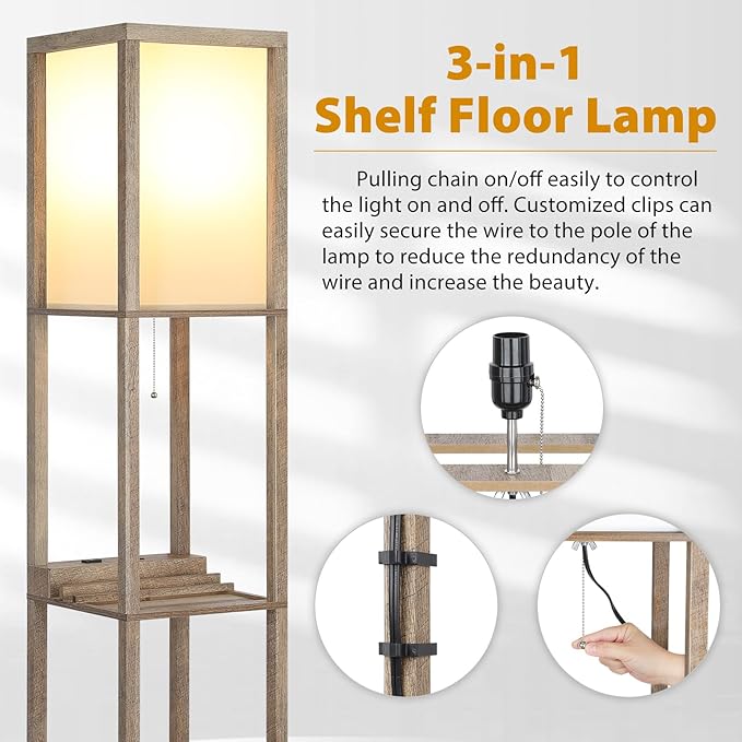 SHINE HAI LED Shelf Floor Lamp, Modern Standing Lamp with 1 USB Port and 1 Type C Port and 1 Power Outlet, 3-Tiered Display Floor Lamps with Shelves for Living Room, Bedroom and Office - Wood - LeafyLoom