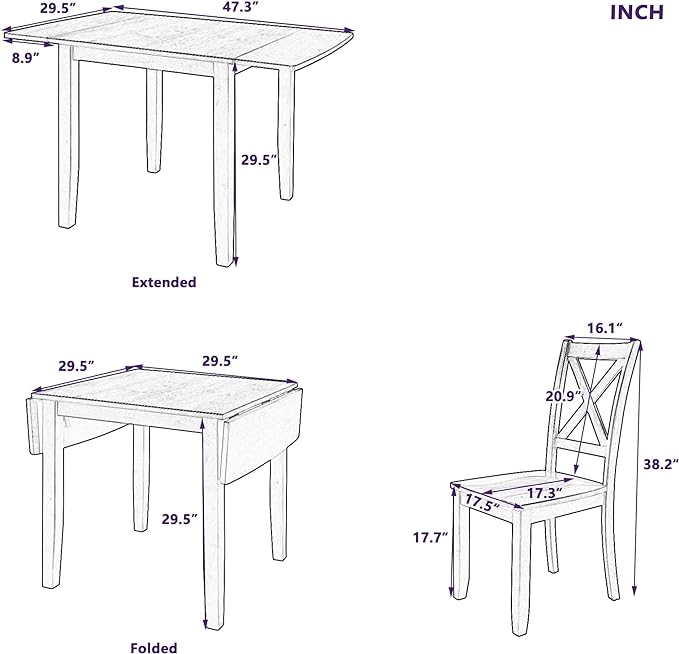 Dining Room Table Set for 2, 3-Piece Wood Kitchen Table Set with Drop Leaf and 2 X-back Chairs, Breakfast Nook Dining Table Set for Small Place, Brown - LeafyLoom