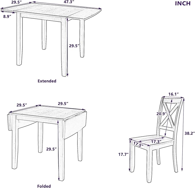 Farmhouse Style Wood Breakfast Nook 2 X-Back Chairs, Extendable Drop Leaf Design & Easy Assembly, Room, Kitchen, 3 Piece Dining Table Set, Brown 27 - LeafyLoom