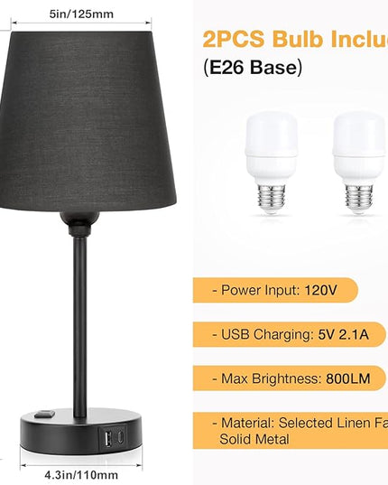 Black Bedroom Lamp Set with USB Charging - Dimmable Touch Control, AC Outlet - LeafyLoom
