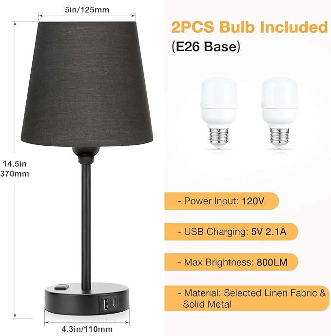 Black Bedroom Lamp Set with USB Charging - Dimmable Touch Control, AC Outlet - LeafyLoom