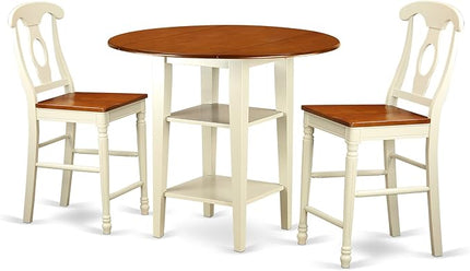 East West Furniture SUKE3H-BMK-W Sudbury 3 Piece Kitchen Counter Height Set Contains a Round Wooden Table with Dropleaf & Shelves and 2 Dining Chairs, 42x42 Inch - LeafyLoom