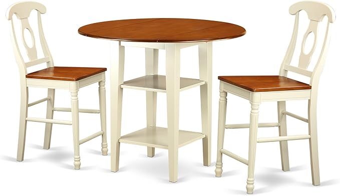 East West Furniture SUKE3H-BMK-W Sudbury 3 Piece Kitchen Counter Height Set Contains a Round Wooden Table with Dropleaf & Shelves and 2 Dining Chairs, 42x42 Inch - LeafyLoom