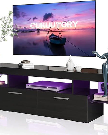 Clikuutory Modern LED 63 inch Long TV Stand with Large Storage Drawer for 50 55 60 65 70 75 Inch TVs, Black Wood TV Console with High Glossy Entertainment Center for Living Room, Bedroom, Black - LeafyLoom
