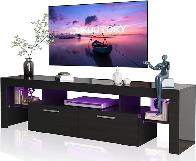 Clikuutory Modern LED 63 inch Long TV Stand with Large Storage Drawer for 50 55 60 65 70 75 Inch TVs, Black Wood TV Console with High Glossy Entertainment Center for Living Room, Bedroom, Black - LeafyLoom