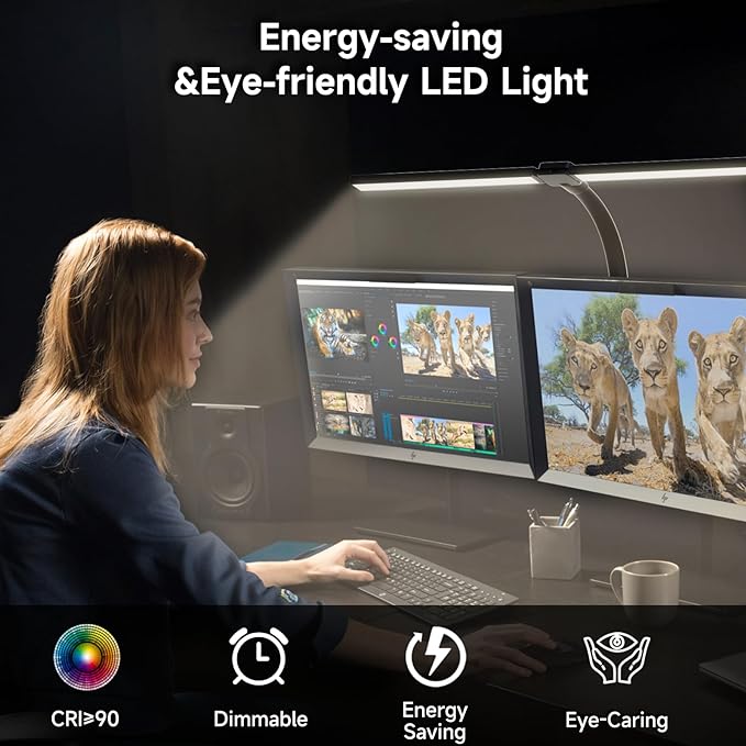 SKYLEO Desk Lamp - Double Head LED Desk Light for Home office - 24W Eye Caring - Touch Control - 5 Color Modes X 11 Brightness Levels - 2400LM - Timmer & Memory Function - Black - LeafyLoom