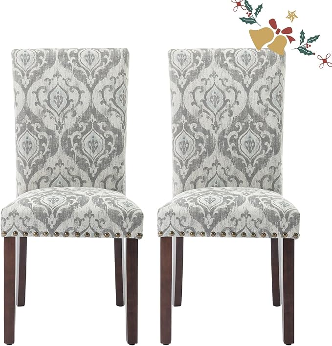 Parsons Dining Chairs Set of 2, Upholstered Nailhead Dining Room Kitchen Side Chair with Thick Cushions and Wood Legs, White/Grey - LeafyLoom