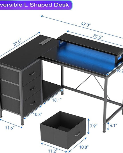 L Shaped Desk with Power Outlets & LED Lights, Computer Desk with Drawers & Shelves, Corner Desk Gaming Desk Home Office Desk, Black - LeafyLoom