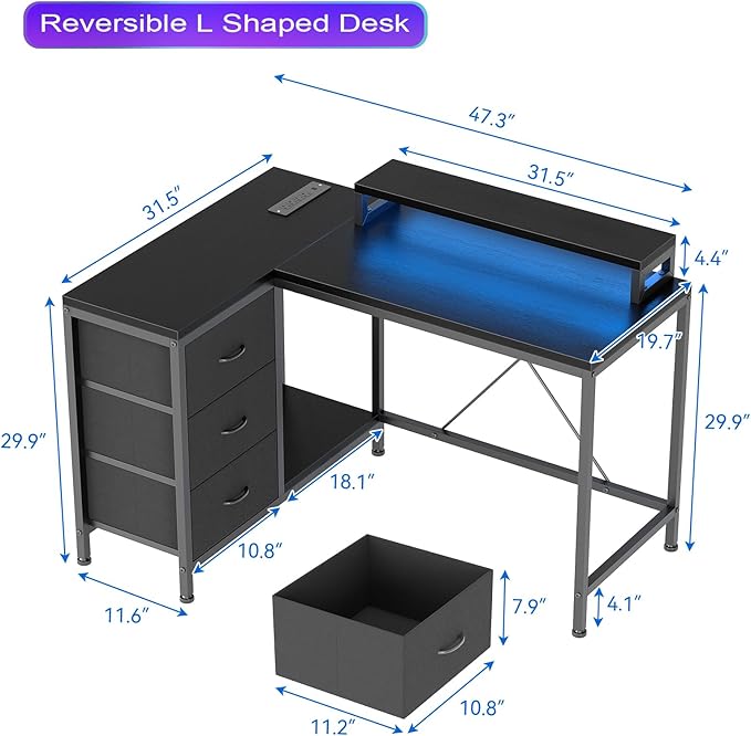 L Shaped Desk with Power Outlets & LED Lights, Computer Desk with Drawers & Shelves, Corner Desk Gaming Desk Home Office Desk, Black - LeafyLoom