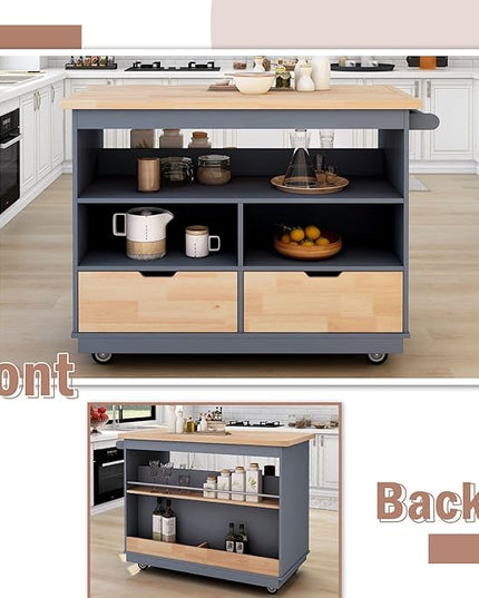 Kitchen Island with Storage, Two-Sided Rolling Extended Table on Wheels w/Wood Top, Wine and Spice Rack, 2 Drawers, 3 Open Compartments for Dinning Room - LeafyLoom