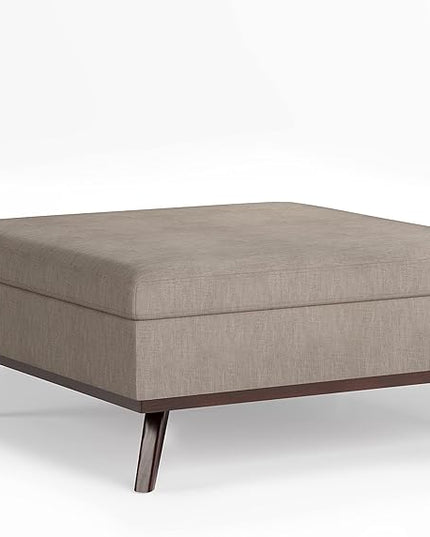 SIMPLIHOME Owen 36 Inch Wide Mid Century Modern Square Coffee Table Lift Top Storage Ottoman in Upholstered Natural Taupe Faux Leather, For the Living Room - LeafyLoom