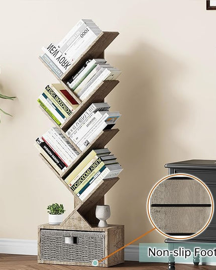 Vagusicc 6 Tier Tree Bookshelf, Modern Floor Standing Bookcase with Storage Drawer, Tall Wood Book Storage Rack for CDs/Books, Utility Book Organizer Shelves for Bedroom/Living Room/Home Office/Corner - LeafyLoom